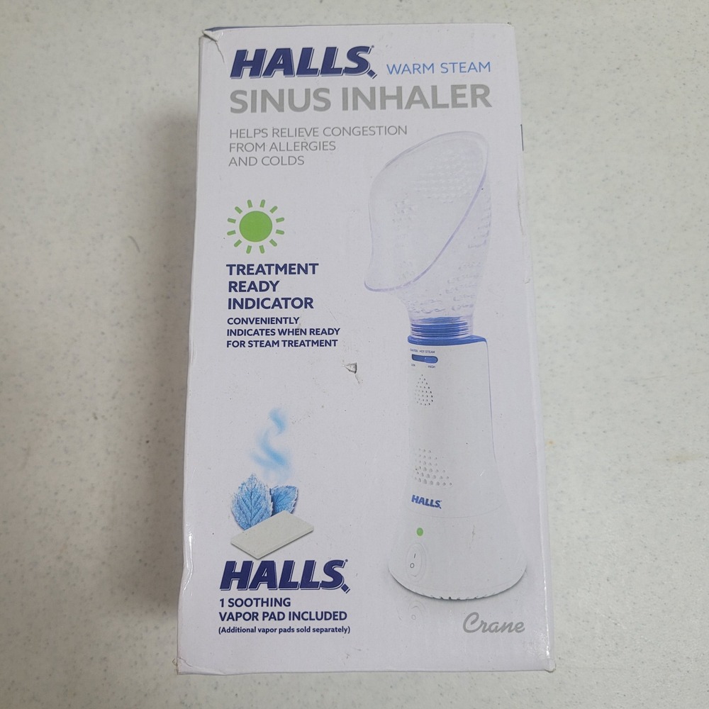 Halls Warm Steam Sinus Inhaler by Crane White Blue Handheld Congestion Relief